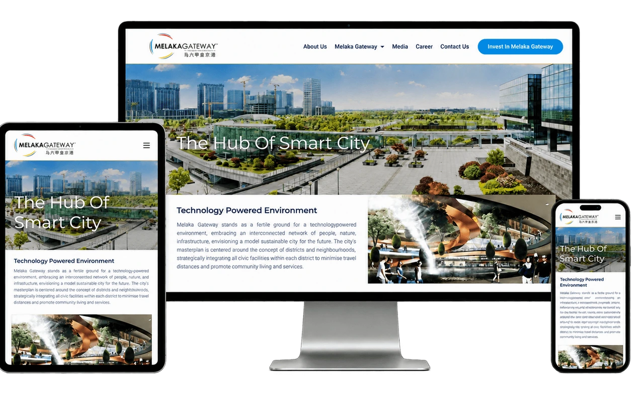 Melaka Gateway website shown across desktop, tablet and mobile