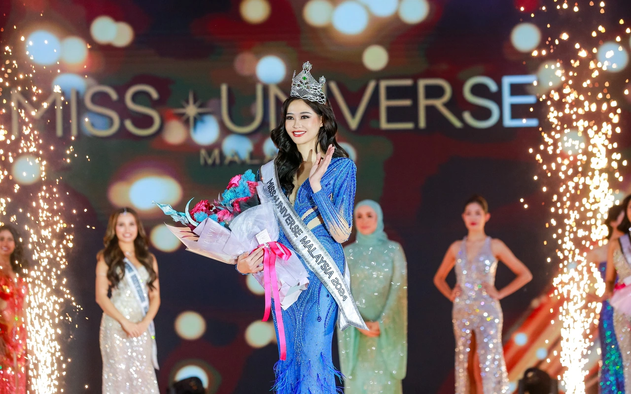 Miss Universe Malaysia 2024 winner Sandra Lim onstage after being crowned