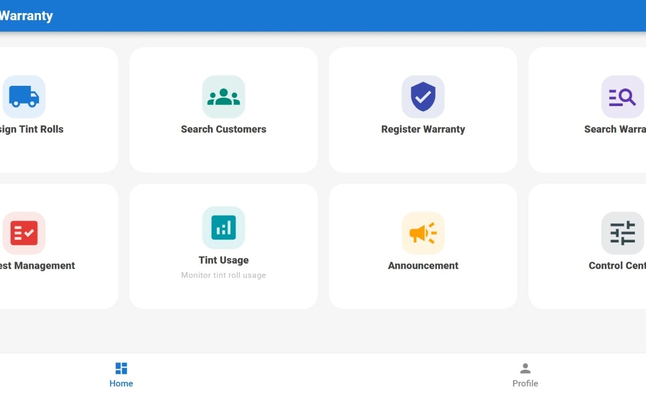The Solar Gard e-Warranty web application home screen, showing warranty registration and dealer tools
